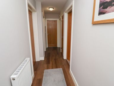 A hallway with wooden doors a radiator a light fixture a rug and a framed picture on the wall at Assisi Apartment in Alnmouth