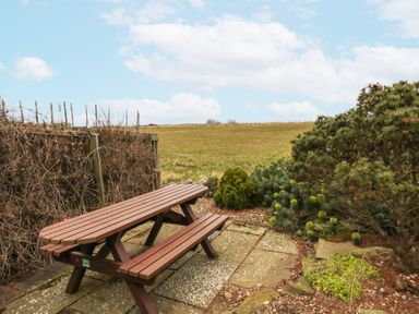 A wooden picnic table on a stone patio with shrubs and a grassy field in the background at Beach View in Seahouses