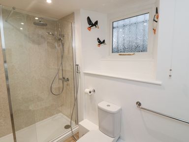 A bathroom with a glass shower enclosure a toilet a window and wall decorations at Begonia House in Alnmouth