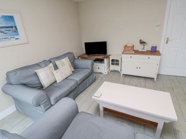 A living room with a gray sofa armchair coffee table TV and a cabinet at Curlew Cottage in Seahouses