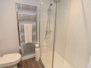 A bathroom with a toilet a chrome towel radiator with a white towel a shower area with glass doors and a showerhead at Curlew Cottage in Seahouses