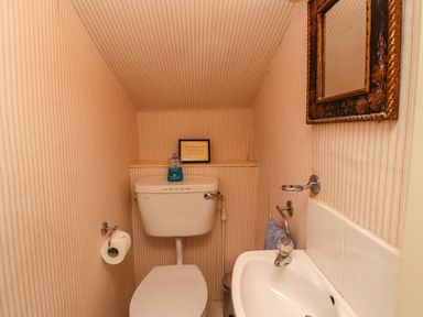 A small bathroom with a toilet paper holder toilet tank with hand sanitizer sink with a towel ring and a mirror at Glebe House Bamburgh