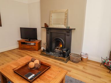 A living room with a television and a fireplace at Alnbank in Alnmouth