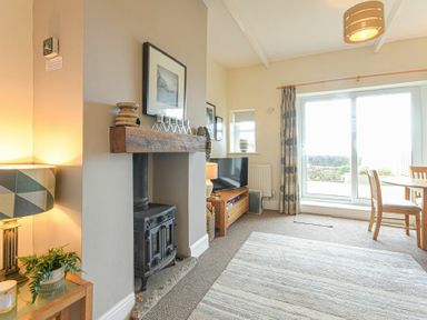 A living room with a wood stove fireplace a television on a wooden stand a dining table with chairs and sliding glass doors at Bellshill Cottage in Belford