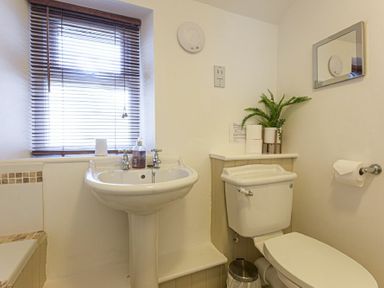A bathroom with a pedestal sink, toilet, window with blinds, and a small plant at Bellshill Cottage in Belford