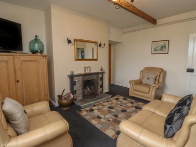 A living room with beige armchairs a TV on a wooden cabinet a fireplace and a rug at Budle Bay Cottage in Bamburgh