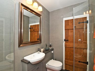 A bathroom with a sink a toilet a large mirror and a wooden door at Coquet Cottage Warkworth