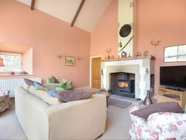 A living room with a fireplace a sofa an armchair a television and a window at Craster Tower Coach House in Craster