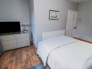 A bedroom with a bed, a dresser with a television and a flower pot, a door, a radiator, and a framed picture on the wall at Dray Cottage in Warkworth