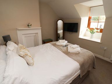 A bedroom with a bed and television at Heather Cottages - Brent Goose in Bamburgh