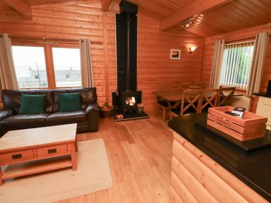 A living room with a sofa, coffee table, and fireplace at Heather Cottages - Grey Heron in Bamburgh