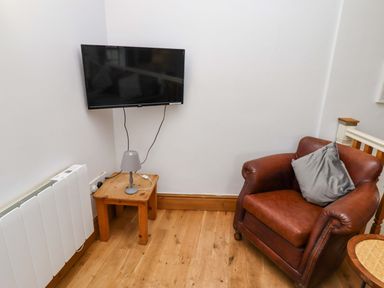 A living room with a television and armchair at Heather Cottages - Grey Seal in Bamburgh