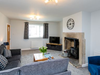 A living room with a fireplace TV and sofas at Island View in Amble