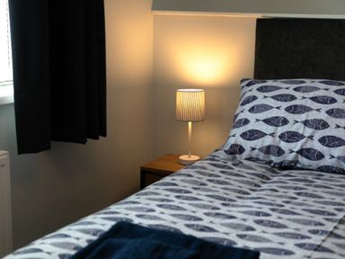 A bed with fish patterned bedding and a bedside table with a lamp in a bedroom at Island View in Amble