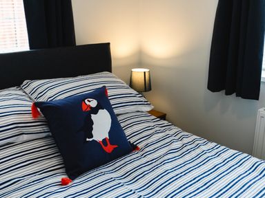 A bed with striped bedding and a decorative puffin pillow next to a nightstand with a lit lamp at Island View in Amble