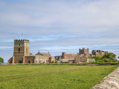 A grassy field with a stone wall and historic buildings including a castle and a church at Island View in Amble