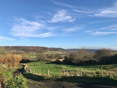 A countryside landscape with a dirt path and fenced greenery under a blue sky at Leazes Cottage in Rothbury