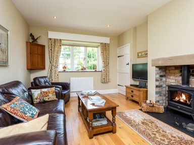 A living room with leather sofas a wooden coffee table a fireplace and a television at Mid Cote Shoreston near Bamburgh
