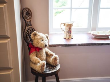 A teddy bear with a red bow sitting on a carved wooden chair beside a window with a floral vase and dish on the windowsill at Mid Cote Shoreston near Bamburgh