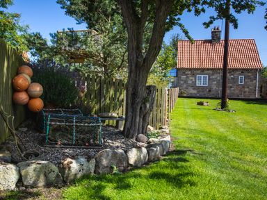 A garden with a tree, a wooden fence, lobster traps and buoys and a stone house with a red tiled roof at Mid Cote Shoreston near Bamburgh