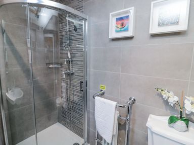 A bathroom with a glass shower enclosure a towel rack with a white towel wall art and a vase with flowers at Nurses Cottage in Alnwick