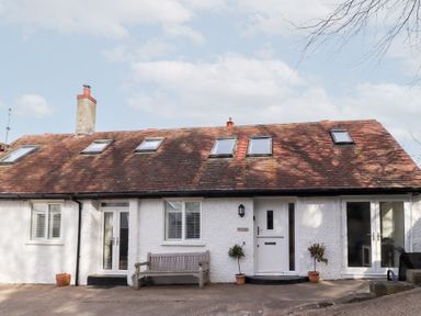 A white cottage with a bench two potted plants and multiple skylights at Old Stable Cottage in Alnmouth