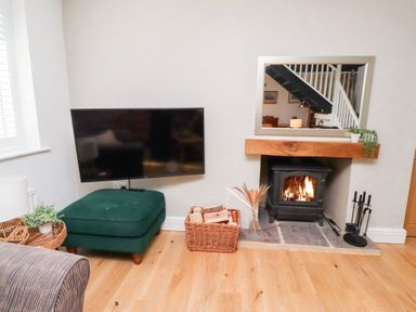 A living room with a wood burning stove mirror and television at Old Stable Cottage in Alnmouth