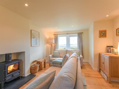 A living room with sofas a wood burning stove a lamp and a wooden cabinet at Ottoline Cottage in Embleton