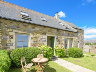 A stone cottage with a green door skylights and a wooden table with chairs in the garden at Ottoline Cottage in Embleton