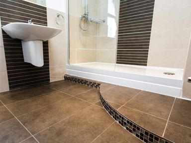 A bathroom with a wall-mounted sink and a shower area with a step at Upper Alnbank in Alnmouth
