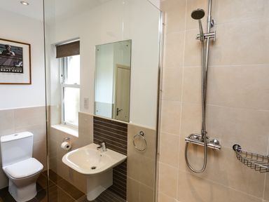 A bathroom with a toilet sink mirror and shower at Upper Alnbank in Alnmouth