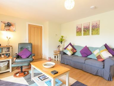 A living room with a grey sofa and colorful cushions a green armchair a wooden coffee table and a bookshelf at Schooner Court No2 in Alnmouth