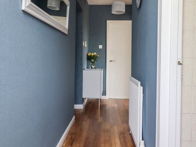 A hallway with blue walls wooden floor a white door a white radiator a small table with a vase of yellow flowers and a mirror on the wall at Seaview Howick Craster