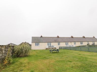 A lawn with a picnic table and a row of houses with fences at Seaview Howick in Craster
