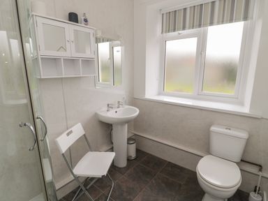 A bathroom with a shower, sink, toilet, white chair, wall cabinet, and frosted windows at South Cottage Howick in Craster
