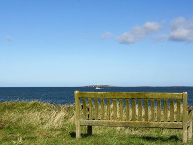 A wooden bench on grass facing the sea with an island and a boat in the distance at Ty y Mor in Seahouses