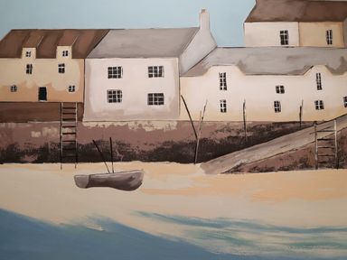 A painting of beige buildings near water with a small boat on the shore at The Boathouse (Seahouses) in Seahouses
