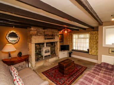 A living room with a fireplace two sofas a wooden chest and a patterned rug at The Book House in Warkworth