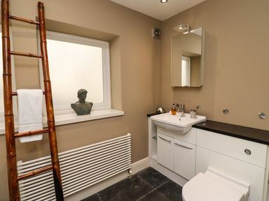 A bathroom with a sink, mirror, toilet, towel ladder, and statue on a windowsill at The Book House in Warkworth