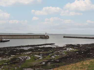 A coastal harbor with a pier, boat, rocky shoreline, and calm sea at The Little Boathouse in Seahouses