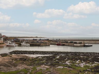 A harbor with boats docked near a stone breakwater and rocky shore at The Little Boathouse in Seahouses