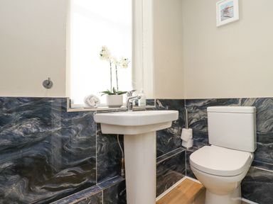 A bathroom with a pedestal sink a toilet and a window with a plant on the sill at The Hollies in Bamburgh