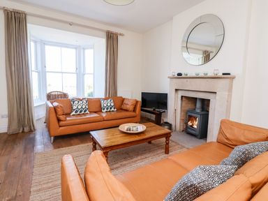 A living room with brown leather sofas a wooden coffee table a fireplace and a television at No6 Sea Lane Embleton