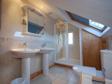 A bathroom with two sinks a shower a toilet and a skylight window at Farne Lookout in Seahouses