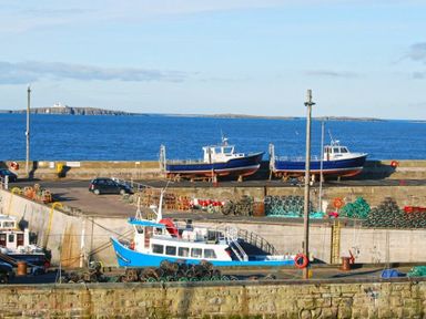 A harbor with fishing boats and traps with the sea and islands in the background at Farne Lookout in Seahouses