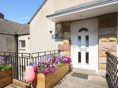 A white front door with flowers in wooden planters outside at Farne Lookout in Seahouses