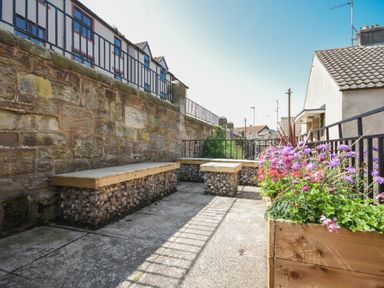 An outdoor patio area with stone and wood benches and a wooden planter with purple and pink flowers at Farne Lookout in Seahouses
