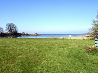 A grassy area with trees near a body of water and a clear sky at Turnstone Cottage Nr Bamburgh
