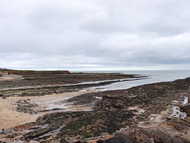 A rocky and sandy shoreline with tidal pools under a cloudy sky at Barnacle Cove in Beadnell