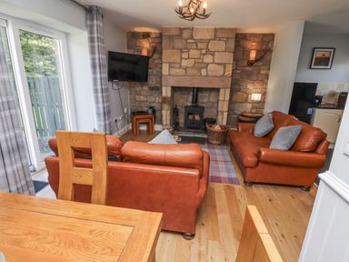 A living room with a fireplace and sofas at Rosefinch in Lucker